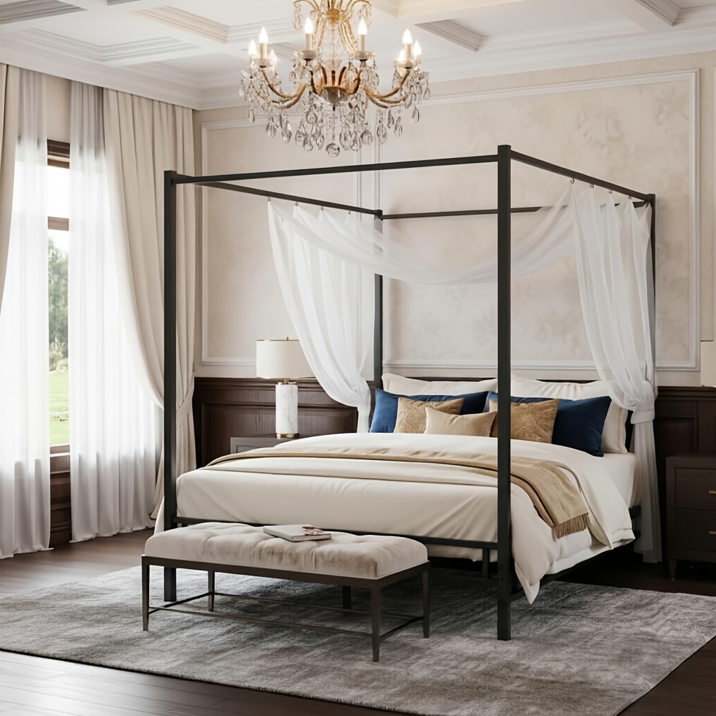 [Queen Canopy Bed Frame] Full Queen Canopy Bed Frame With Headboard And Footboard, Mattress Foundation Platform With Metal Slats Support, No Box Spring Needed, Easy Assembly, Black