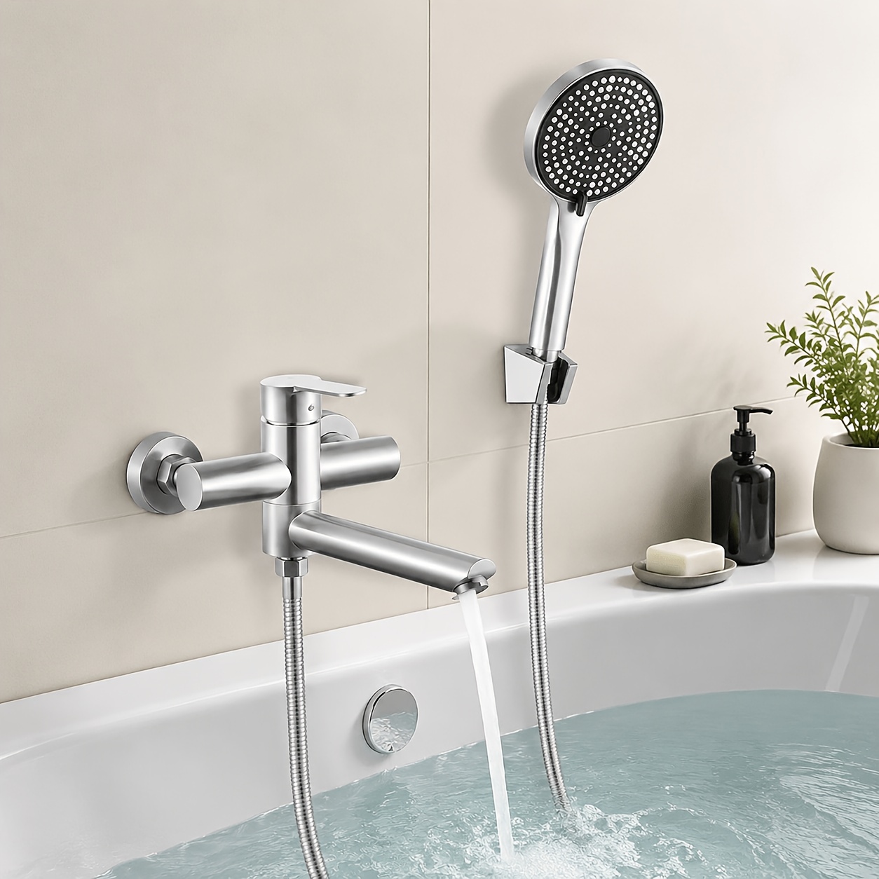 Image of Wall-mounted Stainless Steel Single-handle Bathroom Hot Cold Water Mixer Tap With Handheld Shower, Brushed End Shower Faucet For Shower Use For Shower Use