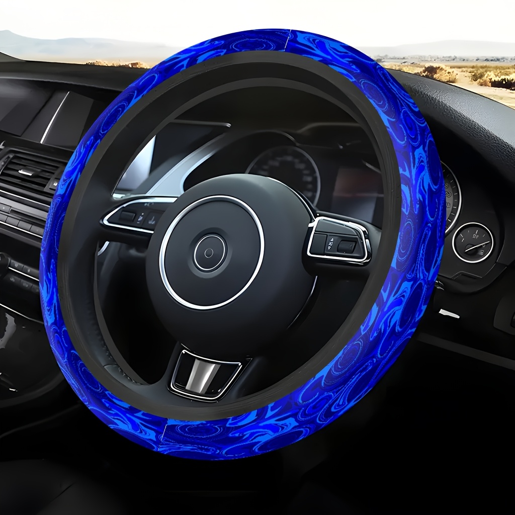 TEMU 1pc 2d Printed Blue Swirl Abstract Themed Car Steering Wheel Cover - Seamless Design, Grip And Style, Car Interior Upgrade, Fashionable Car