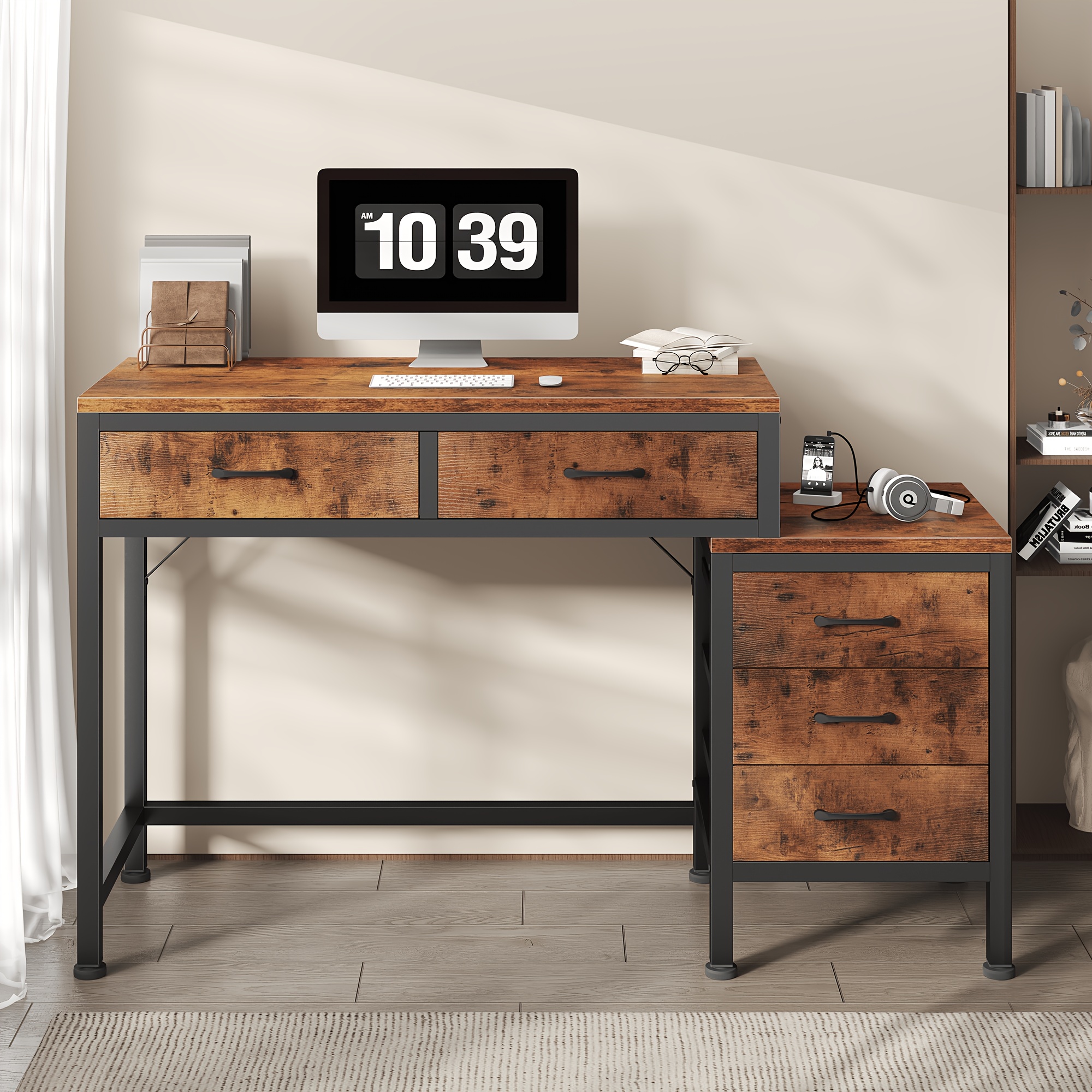 51in Retro Industrial Writing Desk with 5 Drawers & Printer Stand