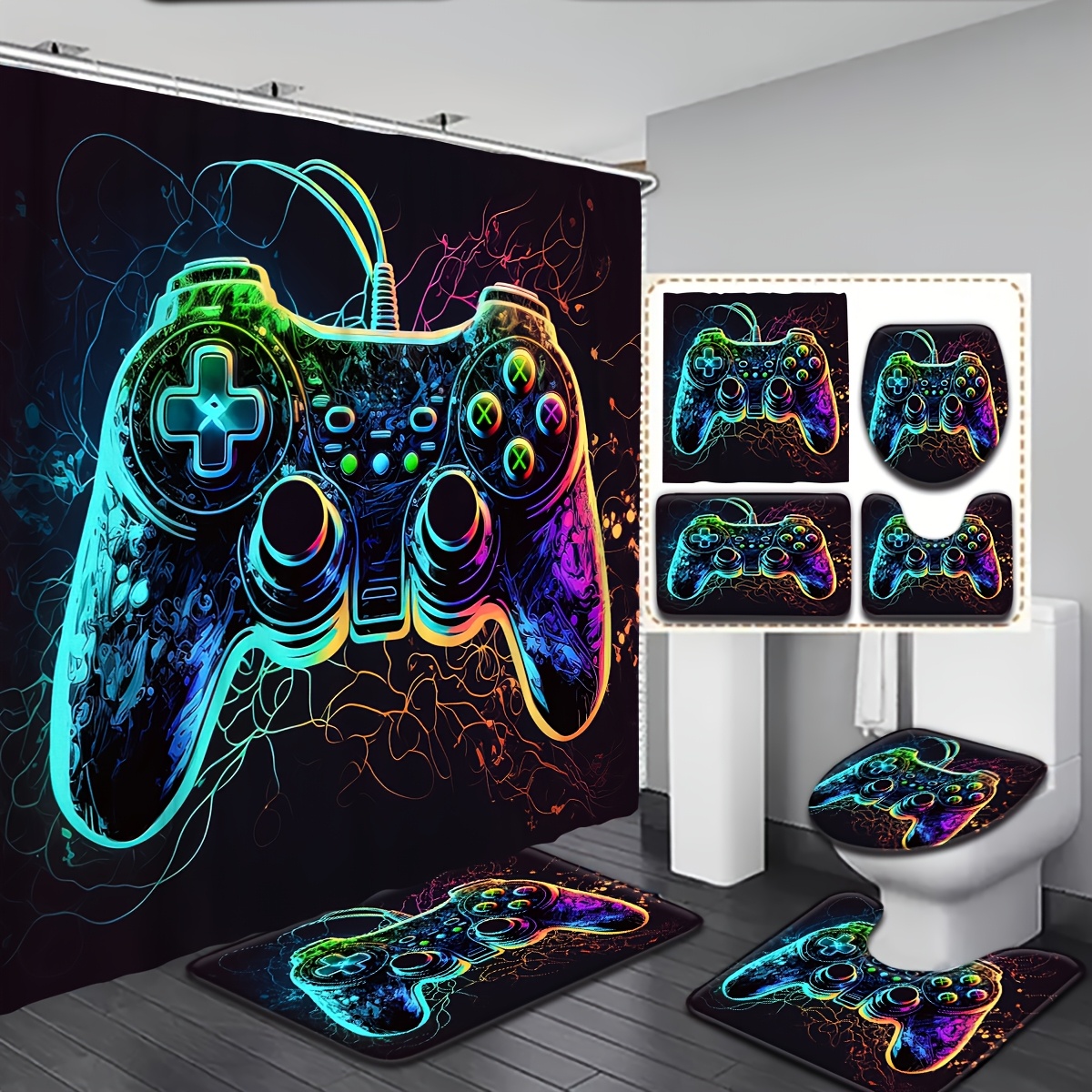 

Gaming Controller Pattern Bathroom Set With Hooks, Machine Washable Polyester Curtain, Video Game Themed Bath Decor, Washable Accessory Set For Gamer - 1pc/3pcs/4pcs