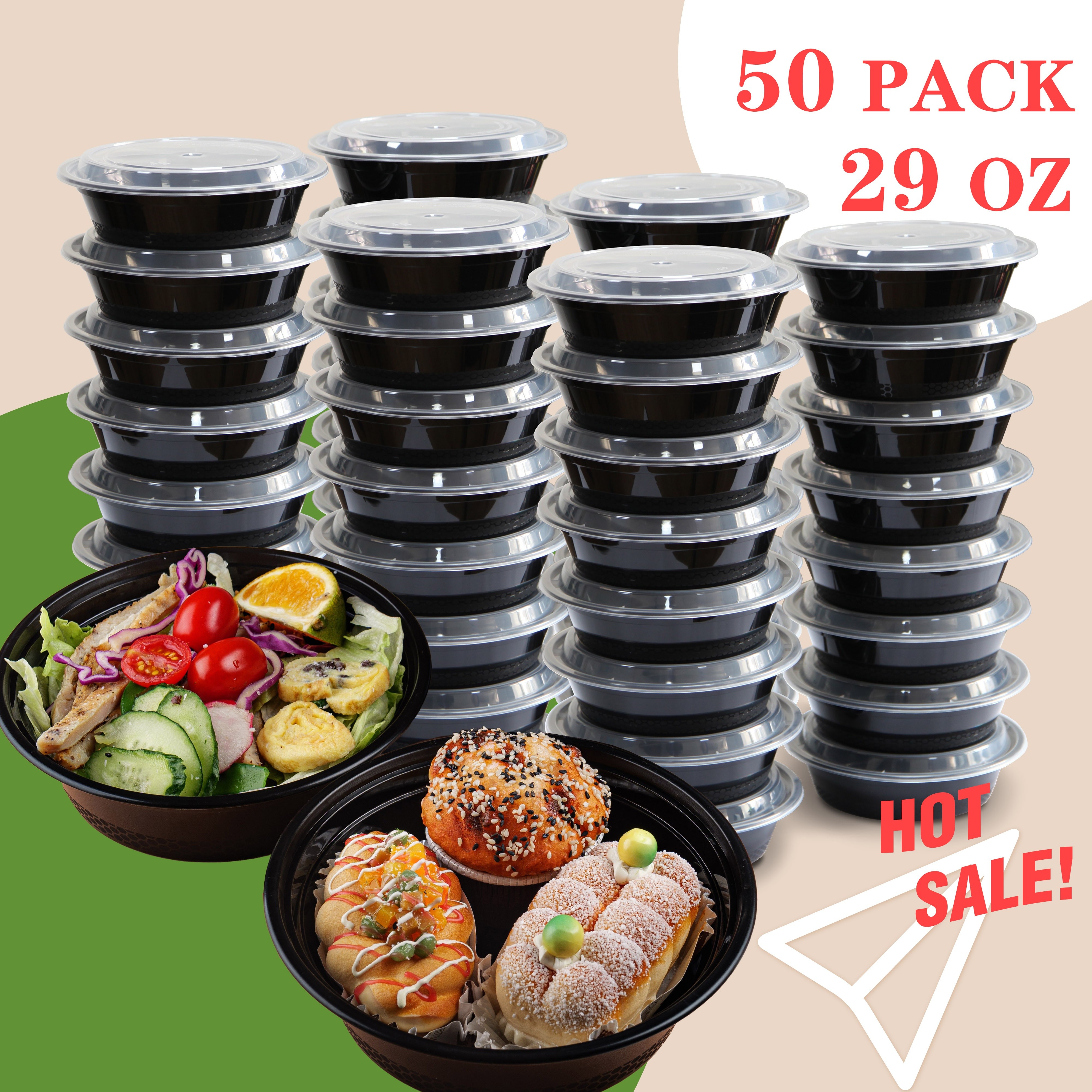 

29 Oz. Black Round Food Storage Containers, 50 Pack. Meal Prep Containers With , Extra-thick Disposable Plastic Containers, Bento Box, Stackable/leak-proof/bpa-free, Microwave/dishwasher/freezer Safe