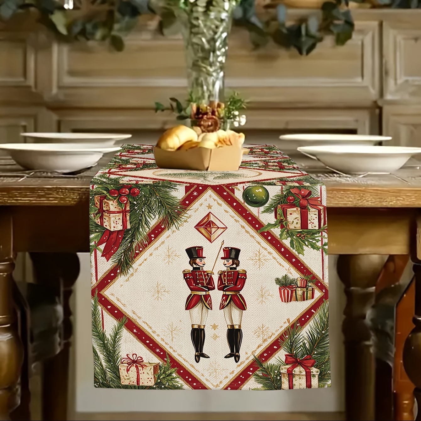 

Christmas Table Runner - Linen Blend Rectangular Nutcracker Design Dining Table Decoration, 1pc Woven Polyester Table Topper For Holiday Indoor Party Decor, Festive Home & Gift - 13x72 Inch