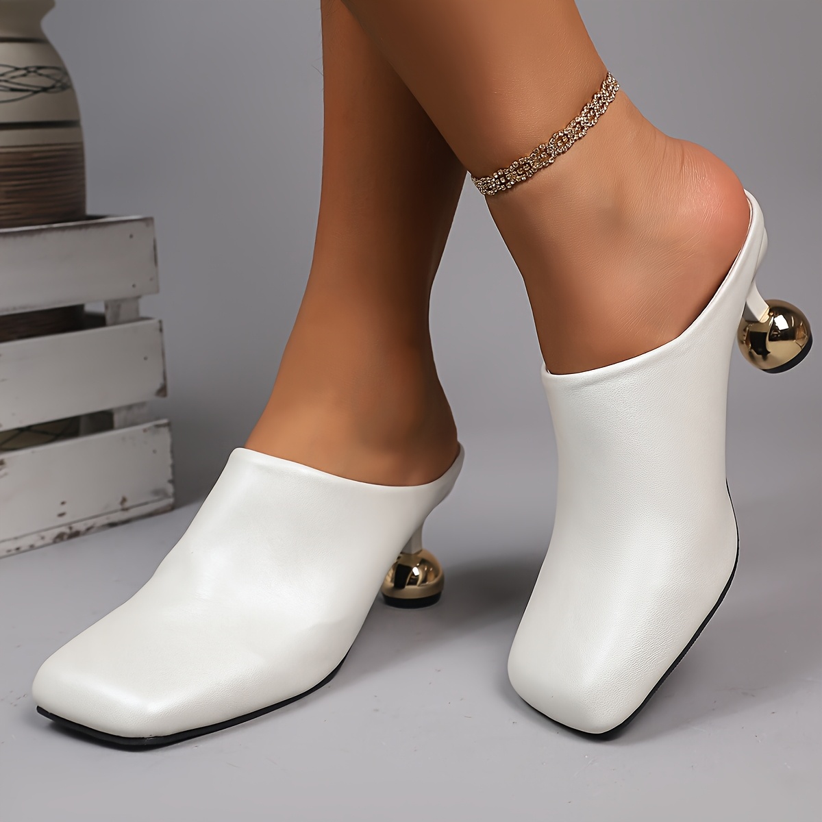 Ladies Fashion High Heel Cap Toe Slip-on Sandals, Summer New Vintage, Synthetic Upper, Rubber Sole, Synthetic Insole, with Strappy Back for Wome