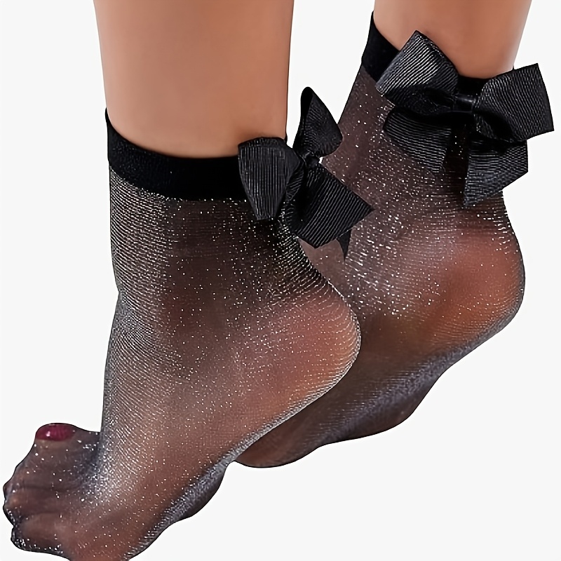 E-shop Ein Paar schwarze kurze Damensocken mit silbrigem Faden, mit niedlicher Schleife, vielseitig, , hochwertig von hoher mit dezentem schimmerndem