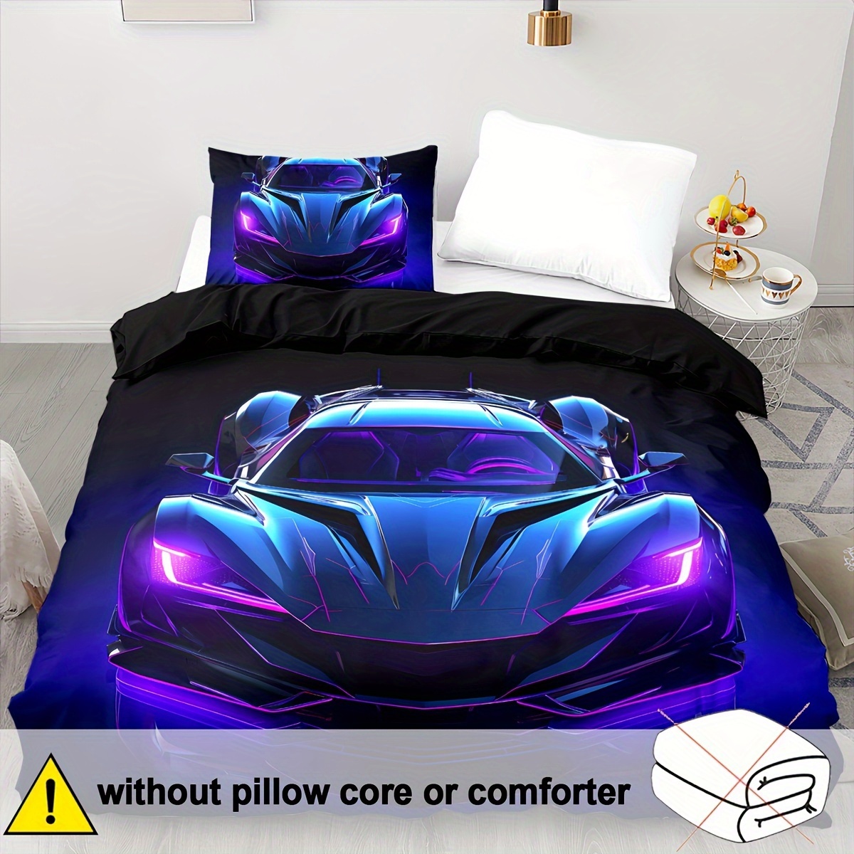 Image of 2/3pcs Neon Purple Car Bedding Racing Duvet Cover Set Purple Comforter Cover Bedroom Decor 2d Bohemia Flat Printing (includes 1 Duvet Cover + 1/2 Pillowcases )