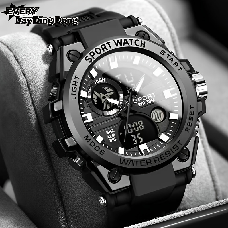 youth mens   watch sleek black multi function with luminous hands alarm date display durable resin band alloy case water resistant   0