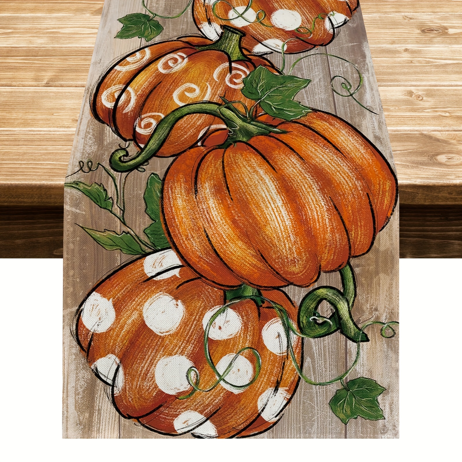 

1pc, Rustic Polka Dot Pumpkin Vine Design Table Runner, Durable Polyester, Fade-resistant, Machine Washable, Seasonal Autumn, Thanksgiving Home & Party Decor
