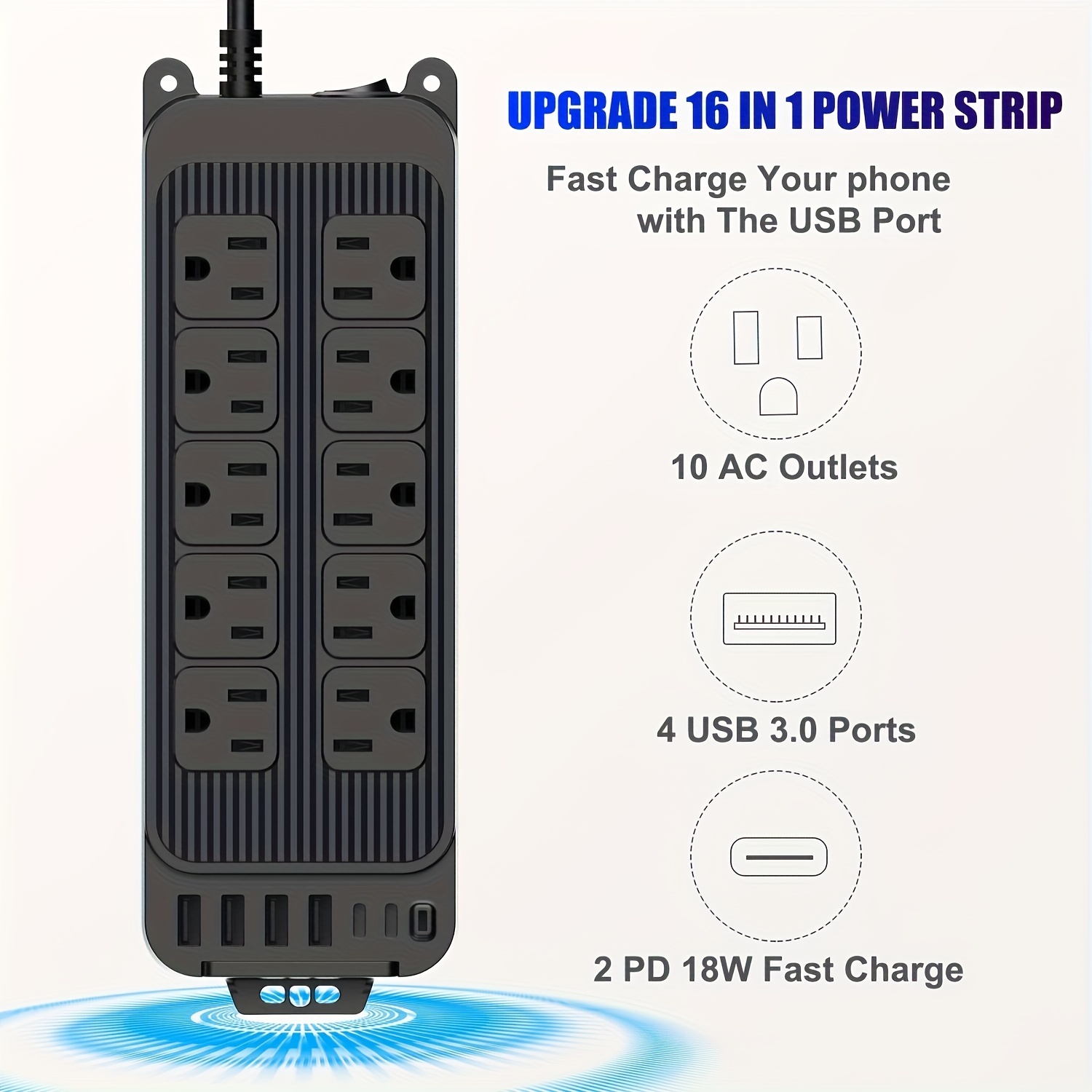 SUPERDANNY 10 pieds 15A multiprise 6 prises 4 ports USB protection contre  les surtensions 14AWG extension fiche plate 110V-240V - Wayfair Canada