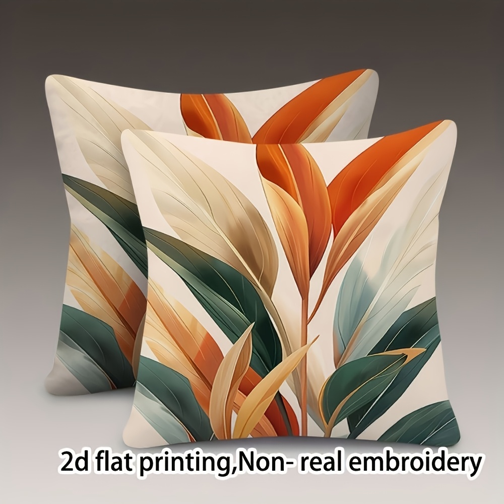 TEMU 2pcs Tropical Leaf Print Pillowcases, Short Plush, Individual Face Multicolor Orange And Beige Design, Zippered Square Pillow Covers, Suitable