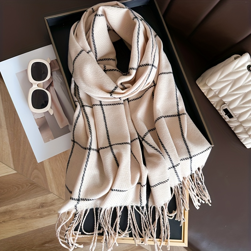 

1pc Women’s Elegant Beige & Black Tassel Scarf - Soft Fleece Pashmina Shawl, Warm Winter , Perfect Christmas Gift For Family, Hand Wash Or