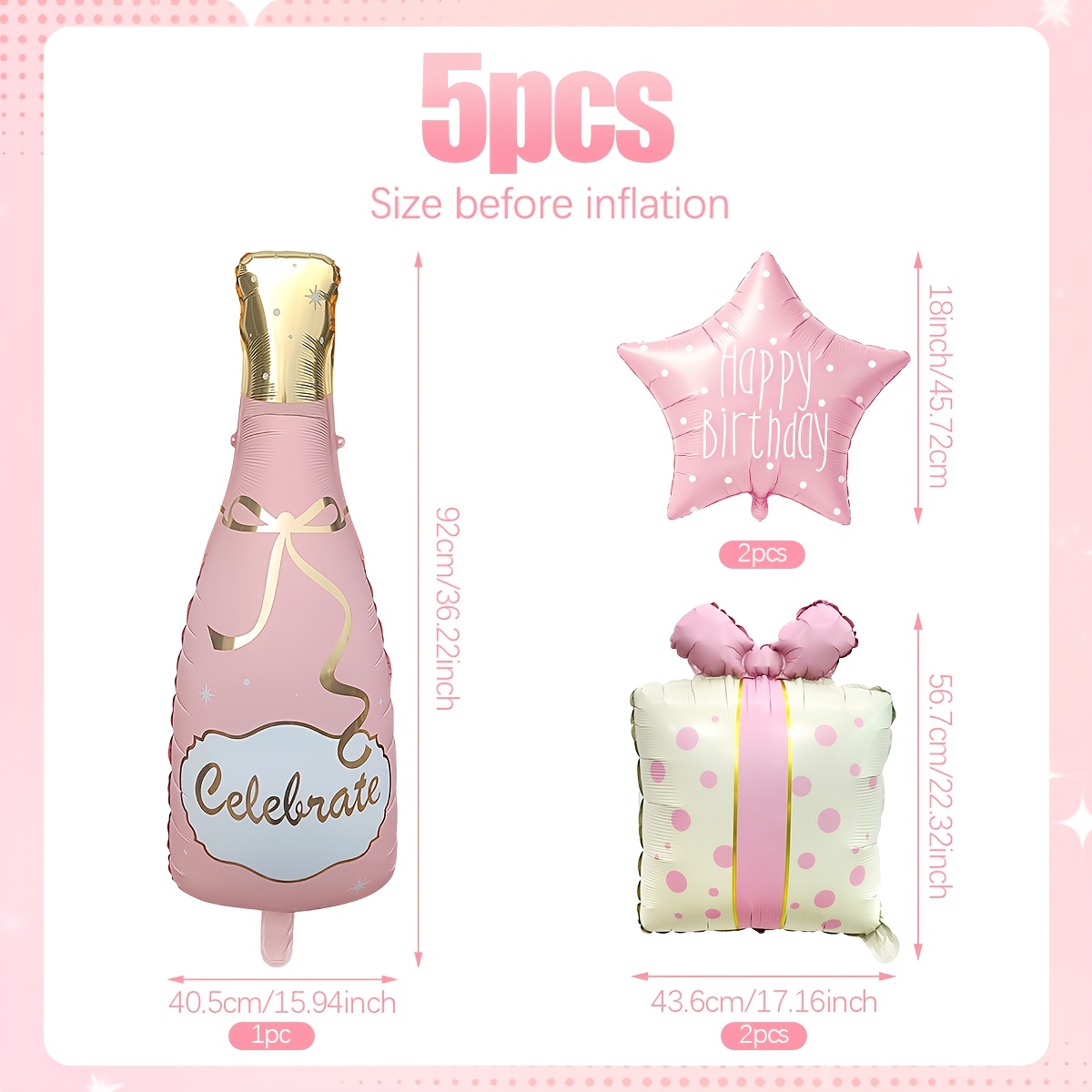 TEMU 5pcs Birthday Celebration Balloon Set, Includes Pink Celebration Bottle, , Cute Gift Box Balloon, Suitable For Birthday Parties, Weddings,