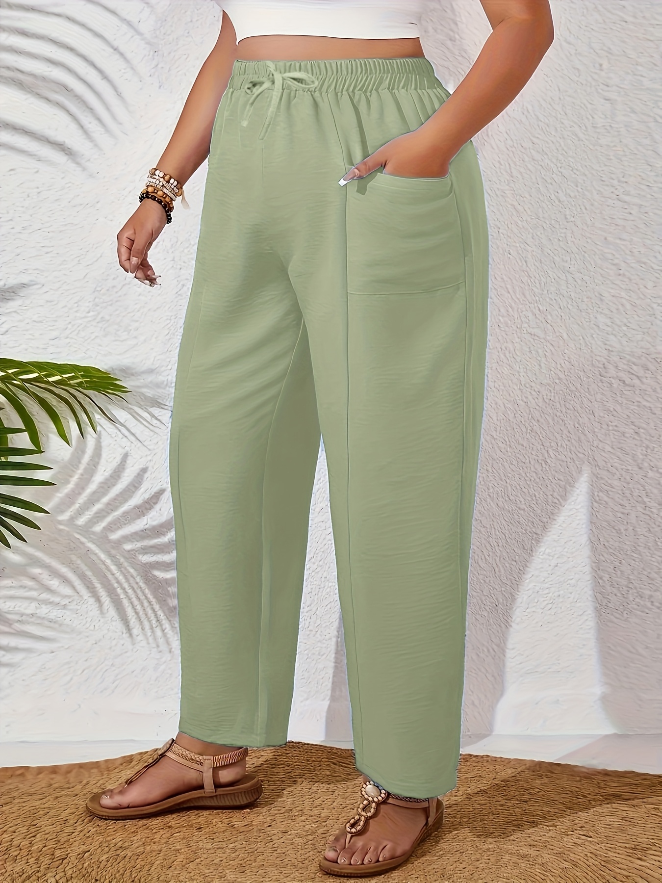 Plus Size - Women'S Plus Size Elegant Solid Color Wide-Leg Pants - Non-Stretch Fabric, All-Season Casual Trousers with Pockets, Brown, Comfortable Footwear, Stylish Accessory, Durable Fabric