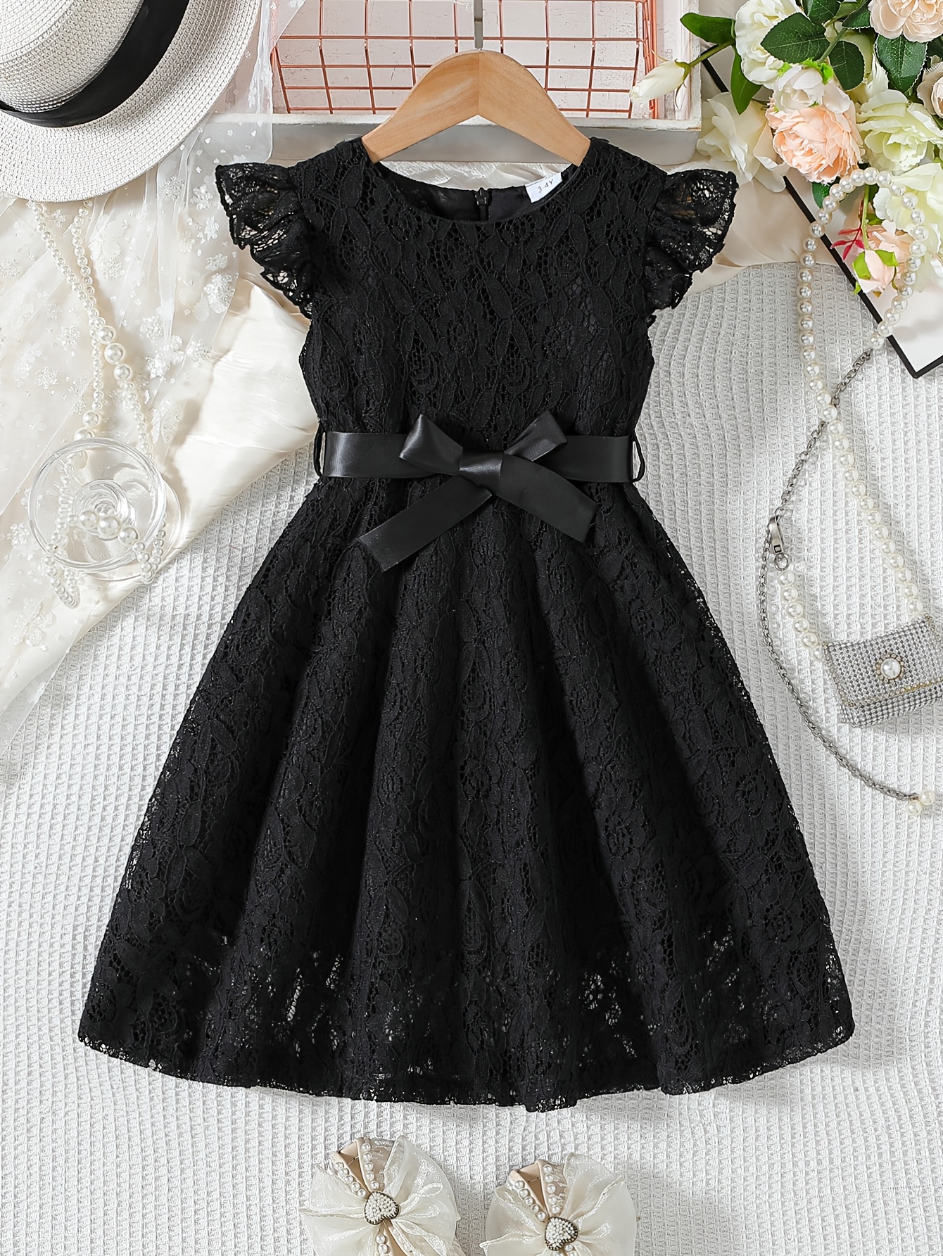 girls elegant dresses spring summer solid lace round neck - Temu Oman