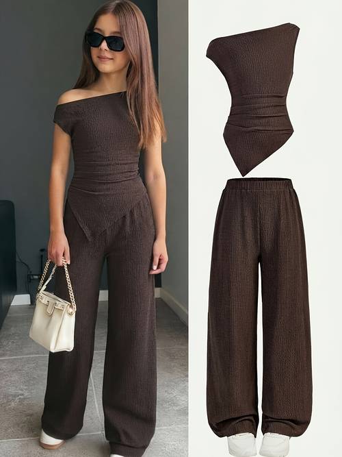 2pcs set including a casual coffee colored pleated off shoulder sleeve knit top and flared pants suitable for home outdoor casual wear and school occasions outdoor