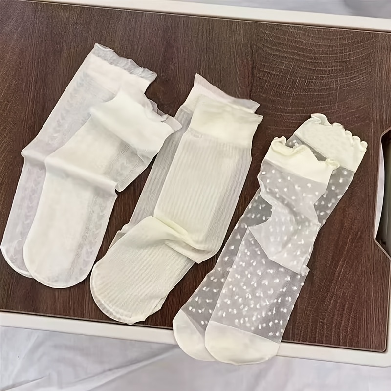 3 Pairs Socks Summer Ultra-thin Mid-calf Socks Lace Trim Girls' Summer Breathable Mesh Ankle Socks, For Teenager, For Teenager