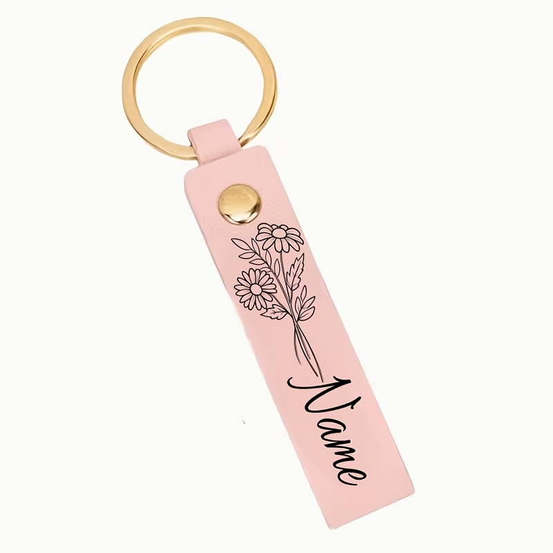 TEMU Personalized Pu Keychain, Customizable Name And Birth Flower Key Ring, Engraved Name Pu Key Pouch, Sweet Birthday Gift For Female , Personalized
