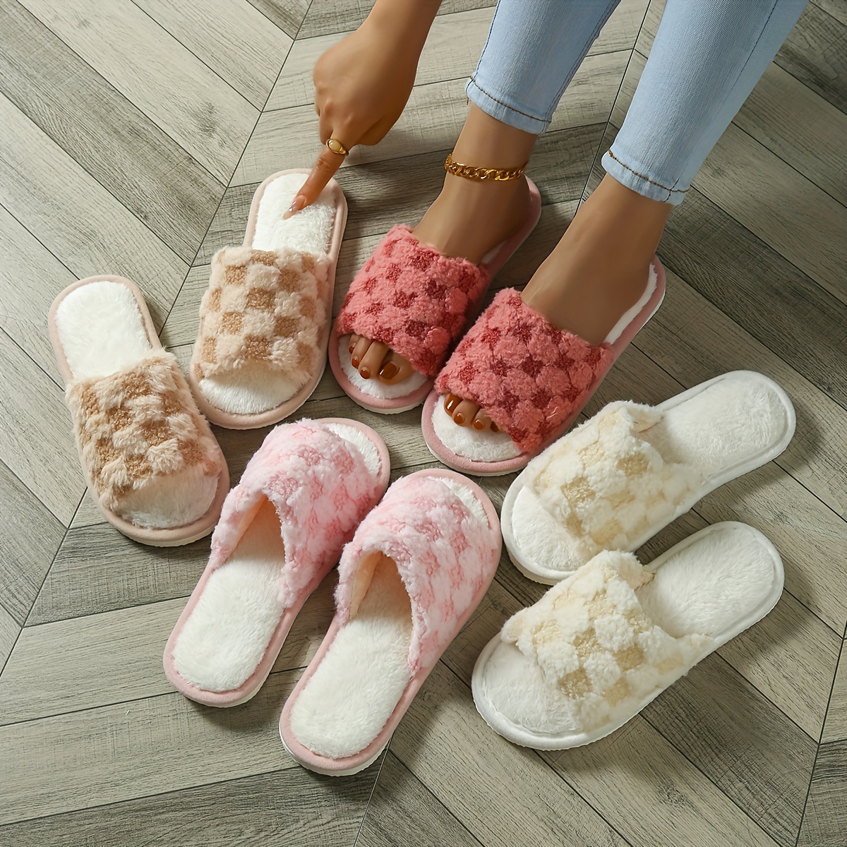 

Plaid Pattern Home Warm Slippers, Soft Sole Lightweight Plush Lined Shoes, Non-slip Mute Floor Slippers