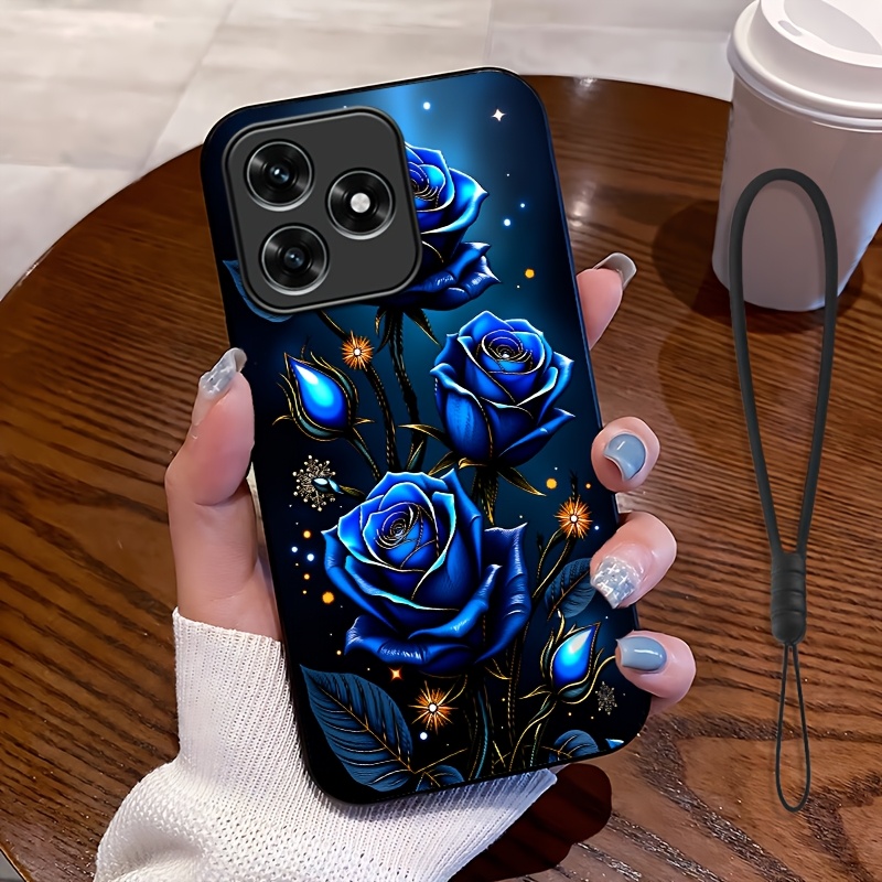 TEMU Phone Case - 2d Flat, 2pcs Set: Includes 1 Phone Case And 1 Strap, Blue Rose Pattern Phone Case, Suitable X5c | X5c Plus, Unisex Lanyard Phone