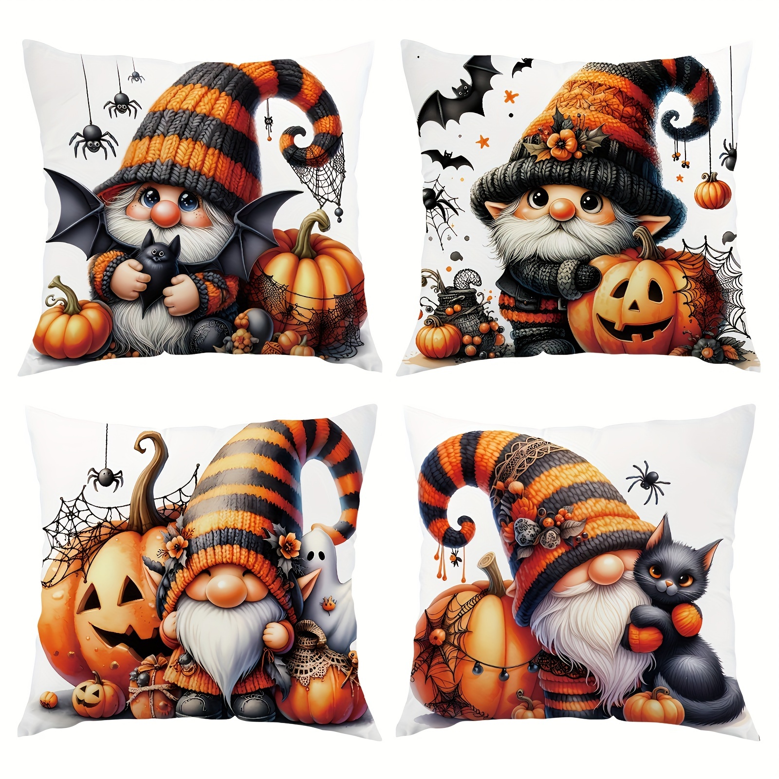 

Gnome And Pumpkin Throw Cushion Covers Set Of 4, 18x18 Inch - Zippered, Machine Washable Single-side Print, Ideal For Sofa And Bedroom Decor, Party Decoration, Insert Not Included