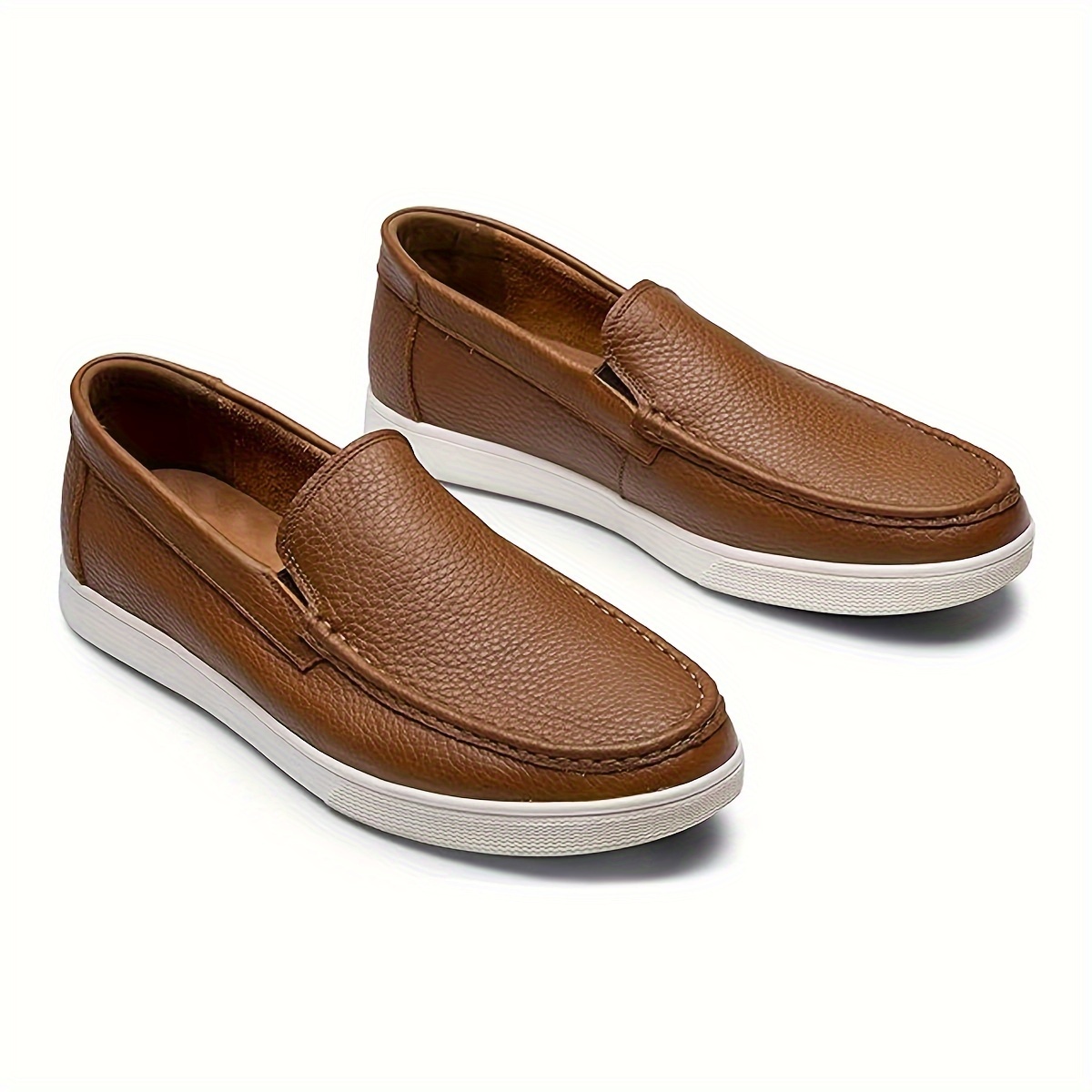 Men's Top Grain Leather Solid Colour Slip On Loafer Shoes, Comfy Non Slip Casual Rubber Sole Dress Shoes, Men's Footwear