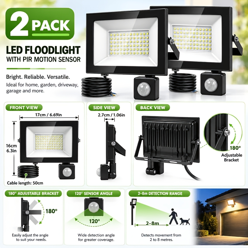 TEMU 2pcs 50w Led Motion Flood Light, Pir Human , Ip65 Outdoor , 3000k Warm White, Dusk To Light, Suitable For Garden, Garage, Driveway, And Yard
