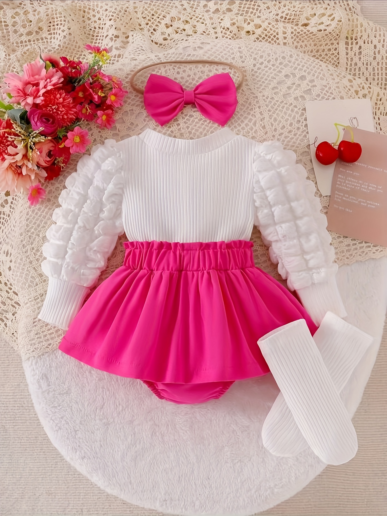 Baby Girl'S Cherry Bubble Sleeve Romper with Bow Detail - Soft Pink & White Ruffled Sleeves, Matching Socks & Hair Tie, Perfect for Spring & Summer, Baby Girl Outfit, Baby Girl Clothes, Playful Babywear, Comfortable Babywear, for Outdoor
