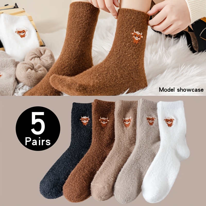 TEMU 5 Pairs/women's Thick Fuzzy Mid-calf Socks, Cute Highland Cow Embroidery, Autumn Winter -proof Floor Socks, Socks For Indoor & Outdoor