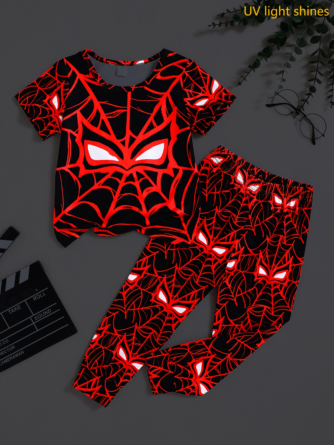[Spider Pattern Set] Fireproof Fabric Little Boy 2pcs Set Spider Pattern Short Sleeve Top + Spider Random Print Trousers Set Cool Party Style Suit for Spring, Summer and Autumn, Flame Retardant Fabric