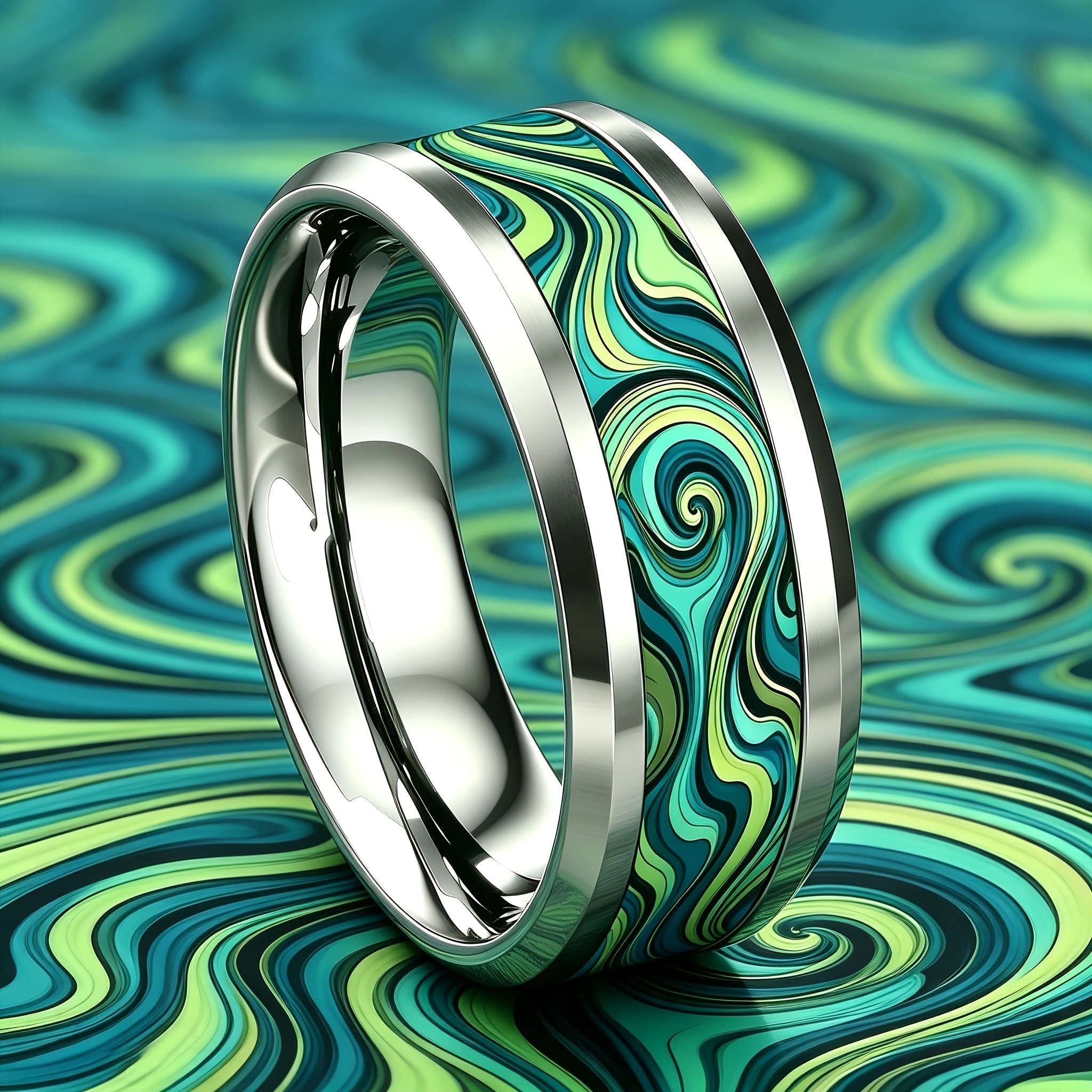 Mori Style Green Toned Vortex Ripple Stainless Steel Ring
