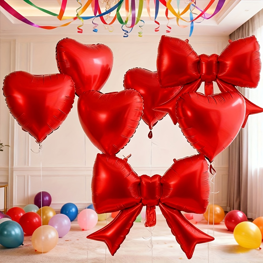 7pcs Set Of Red Heart-shaped Bow Foil Balloon Kit For Decorations , Birthdays, Anniversaries, Valentine's Day, New Year, And Christmas