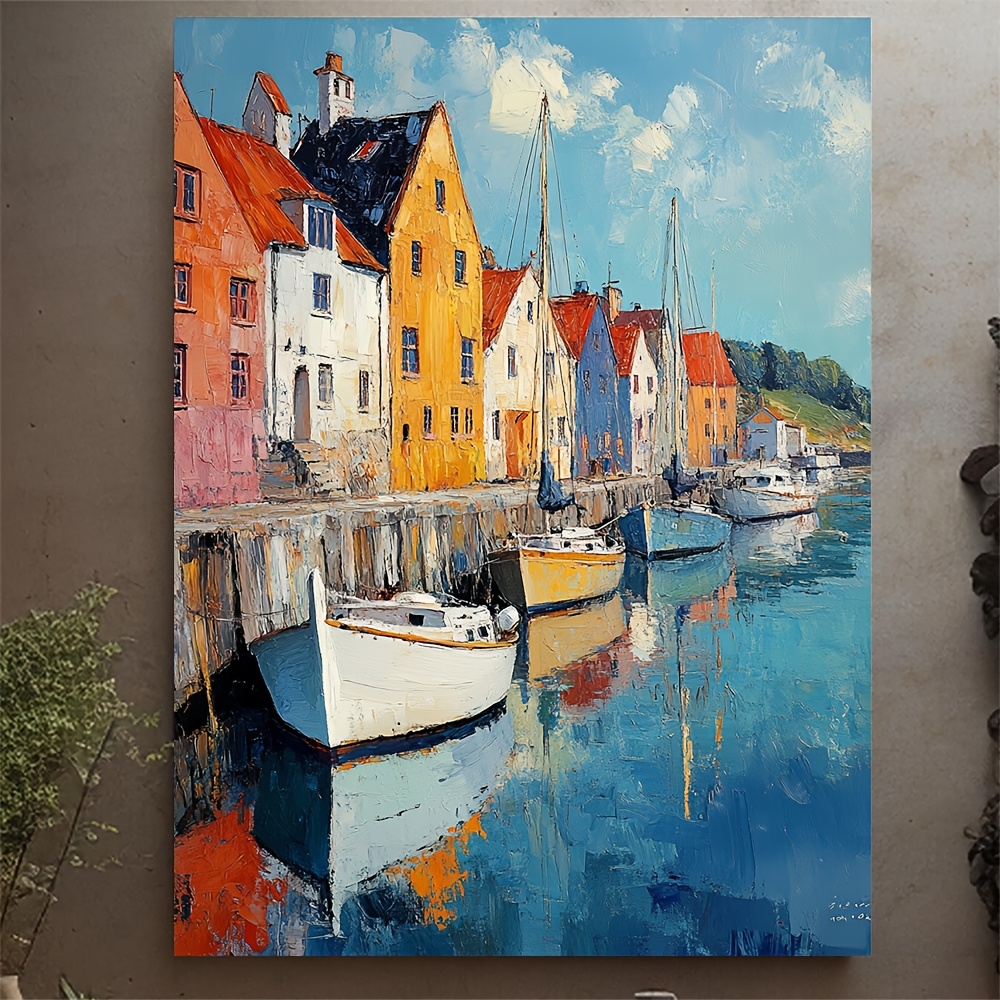 TEMU 1pc 12x16 Inch Sweden Coastal Wall Art Print - Vibrant Harbor Scene With Recycled Wood Frame, Ready-to-hang Home Decor For Living Room, Office,