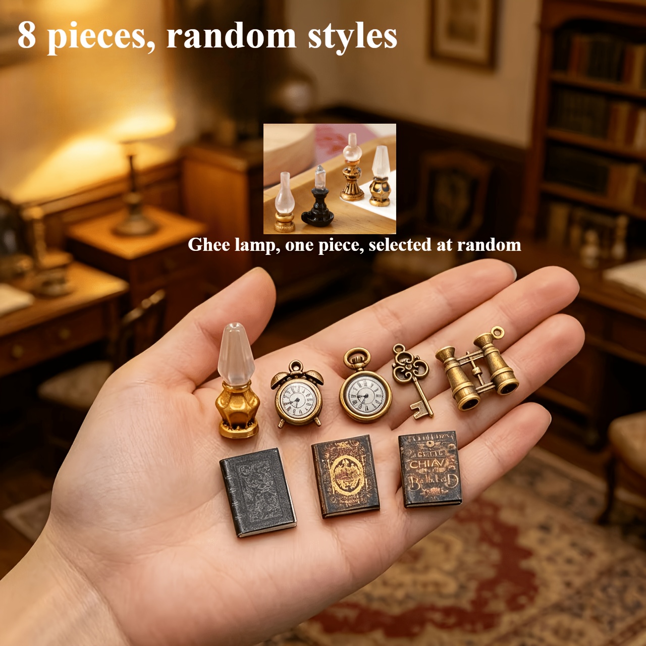 TEMU 8pcs Mini Vintage Desk Decor Accessories - 1:12 Scale Miniature Random Kerosene Lamp, Key, Flip Book, Pocket Watch Models (non-electric),