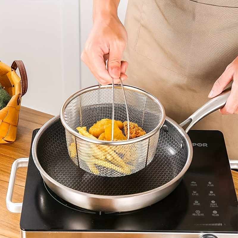stainless steel mesh basket with handle 23cm portable steaming basket kitchen multifunctional stainless deep fryer drain basket steamer with legs multi function steamer insert pot suitable for cooking boiling steaming anti scalding design suitable for vegetables seafood 0