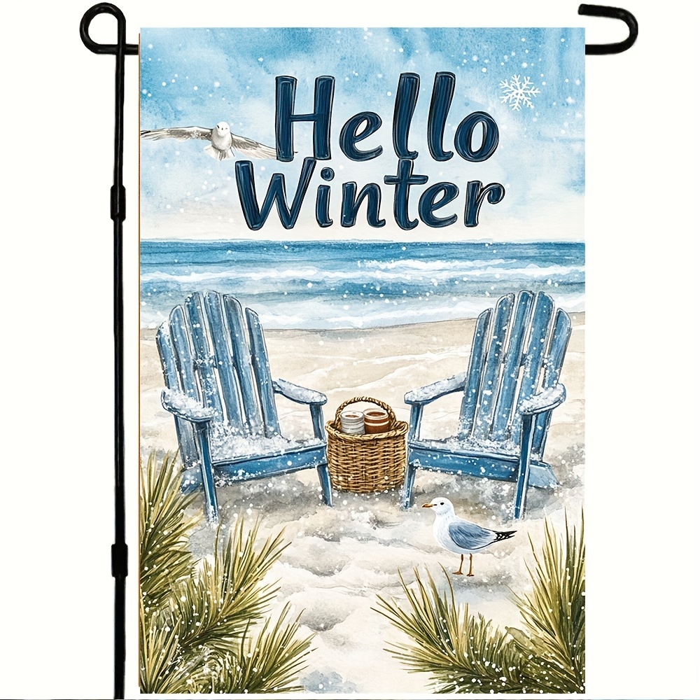 

Hello Scene Polyester Garden Flag - Double-sided, Snowy Seaside With , Holiday Yard Decoration, Seagull Accents, Weather-resistant, No Flagpole - 1pc