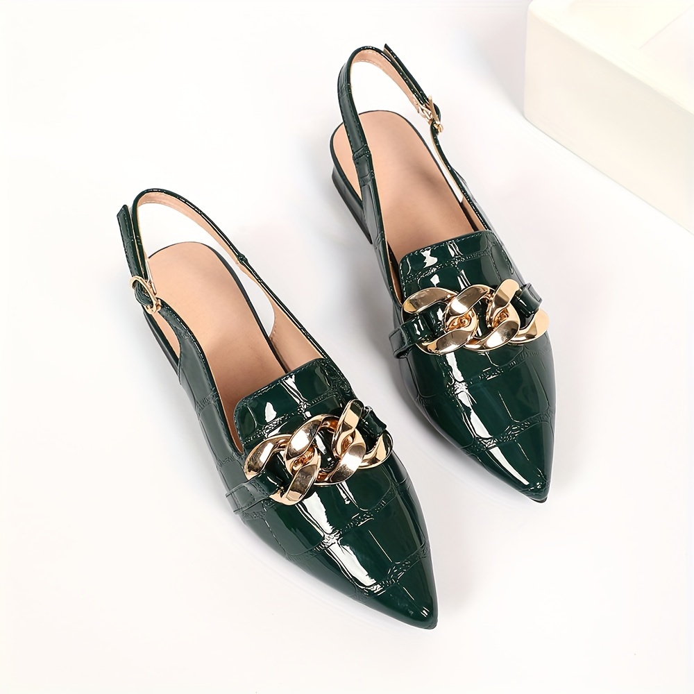 

Women's Elegant Low-heel Slingback Sandals, Metallic Chain Decor Slip On Dress Ankle Strap Shoes, Point Toe Party Shoes