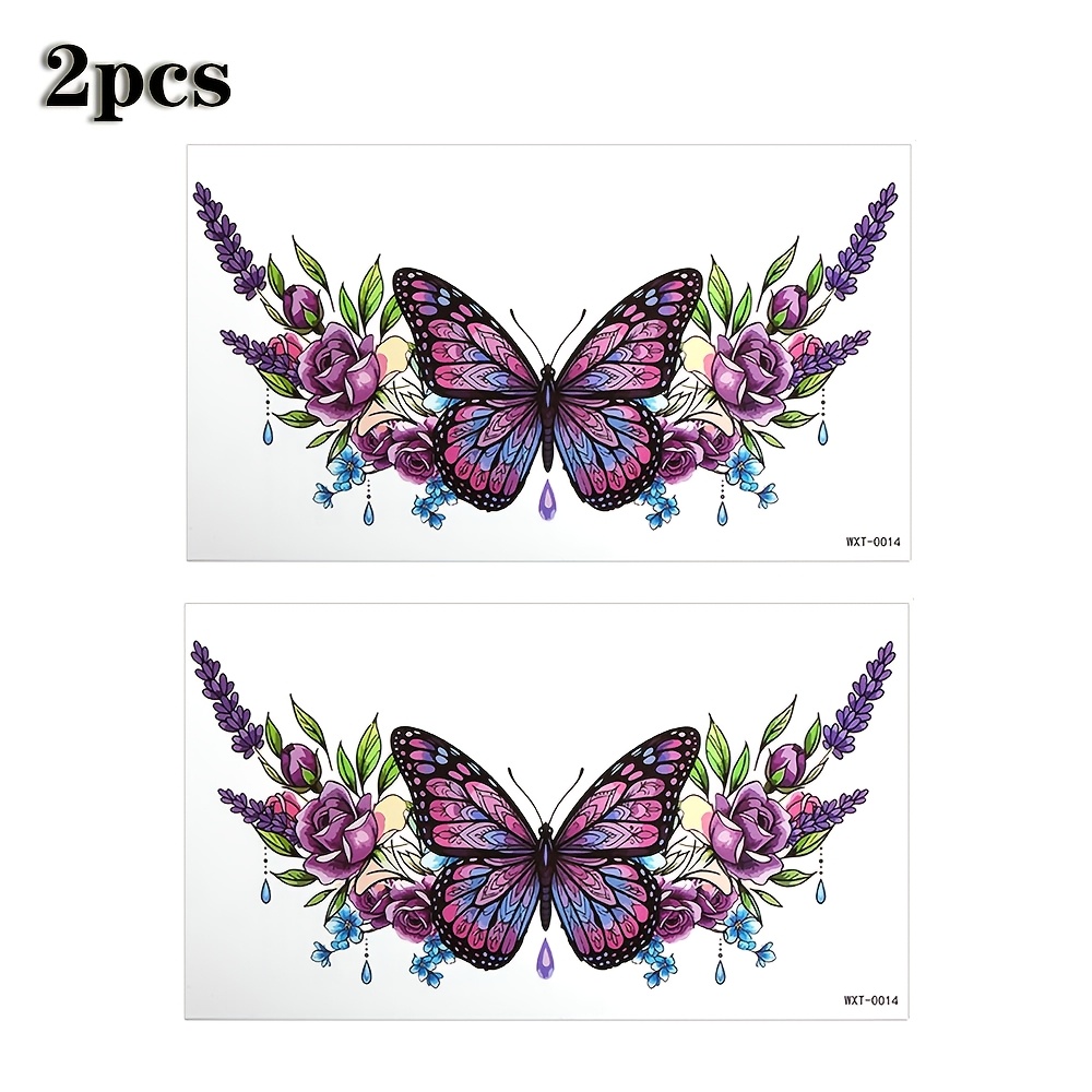 TEMU 2pcs Colorful Rose Lavender Temporary Tattoo Stickers, Large Floral Fake Tattoos Waterproof Body Art Decals For Women, Suitable For Waist Lower