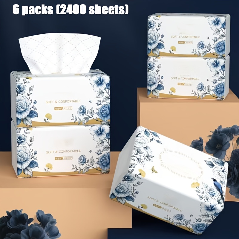 E-shop 2400 Blätter (6 Packungen) Weiche & Bequeme 4-Lagige Naturholz--Servietten - Blau-Weißes Blumenmuster mit Goldenen Akzenten, Farblose Elegante