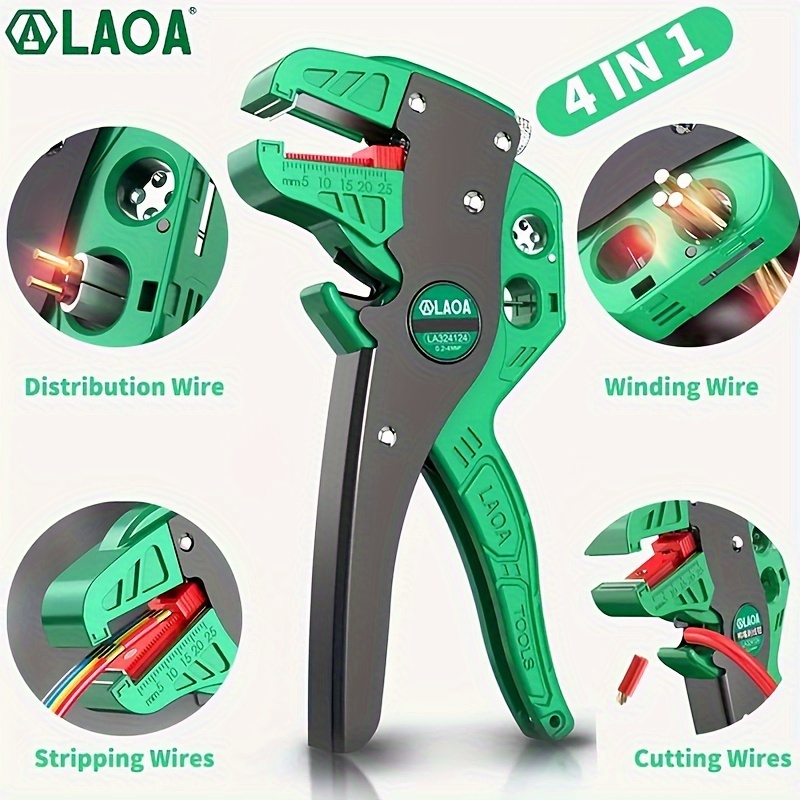 

Laoa Professional Automatic Wire Stripper And Cutter - Multifunctional Tool With Winding And Split Line Features For Stripping 0.2-4mm2, Adjustable Tension, Non-slip Plastic Handle - Black And Green