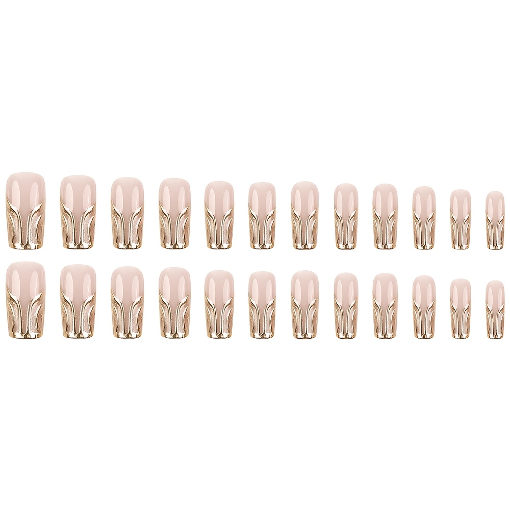 24 pç Unhas de Pressão Artesanais para Mulheres - Curva C Média, Listas Onduladas Cor-de-Rosa  7