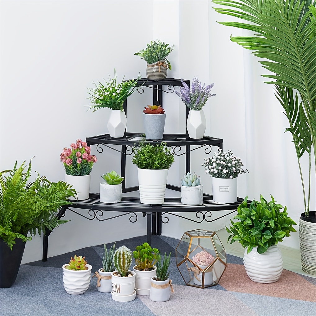 TEMU 3-tier Heavy-duty Metal Corner Plant Stand Indoor/outdoor - Modern Cone-shaped Space-saving Vertical Shelf With Wide Base, Sturdy Multi-tier