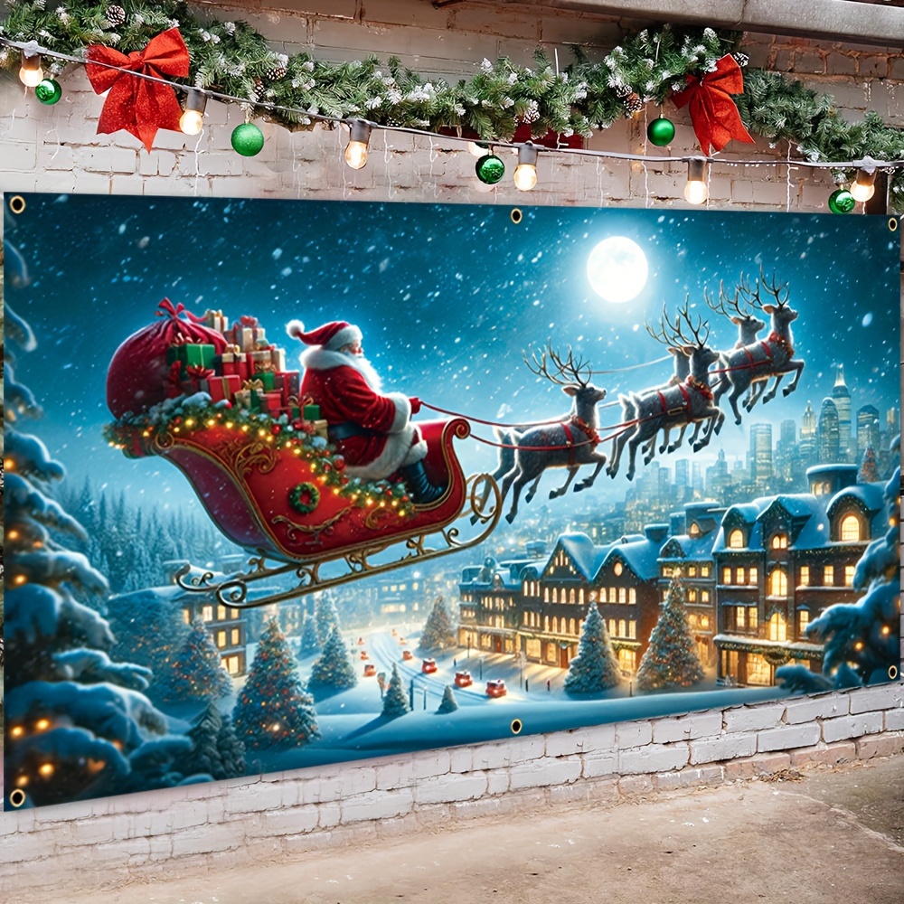 

Santa & Reindeer - Large Christmas Garage Door Banner, Polyester, Washable, & New Year's Eve Outdoor Decor, 157x71 Inches