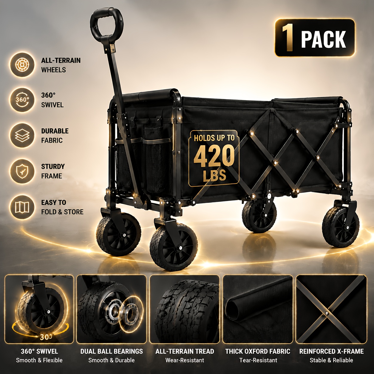 Image of Folding Utility Wagon Cart With Wheels And Sealed Dual Ball Bearings, Reinforced Heavy-duty Foldable Trolley Made Of Thick Oxford Fabric, Portable Collapsible Cart For Camping, Gardening, Shopping