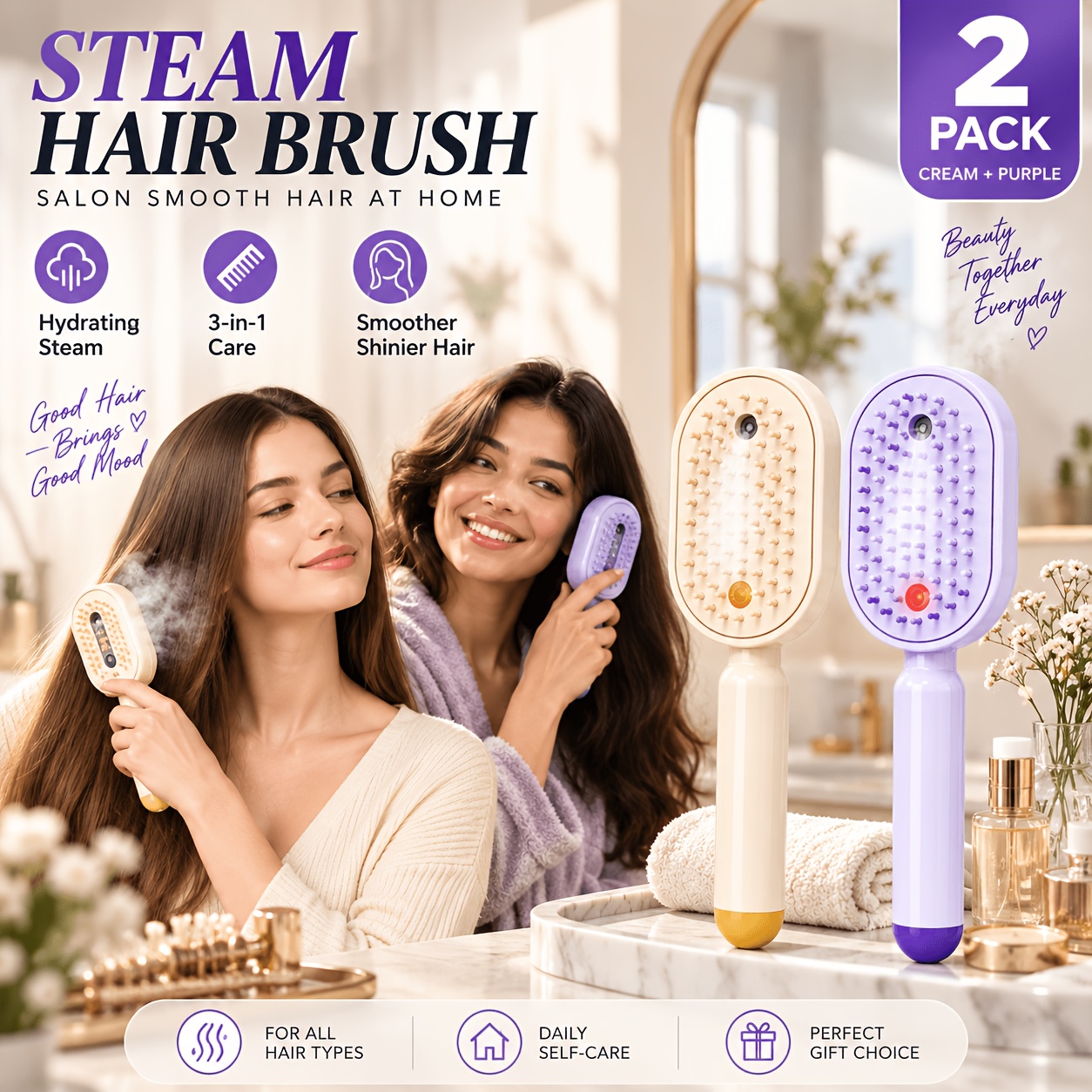 TEMU 2pcs Suitable For Women' Nano Mist Hair Brush & Styling Comb - Hydrating Detangling Brush With Technology, Cream & Purple Hair Care For Curly