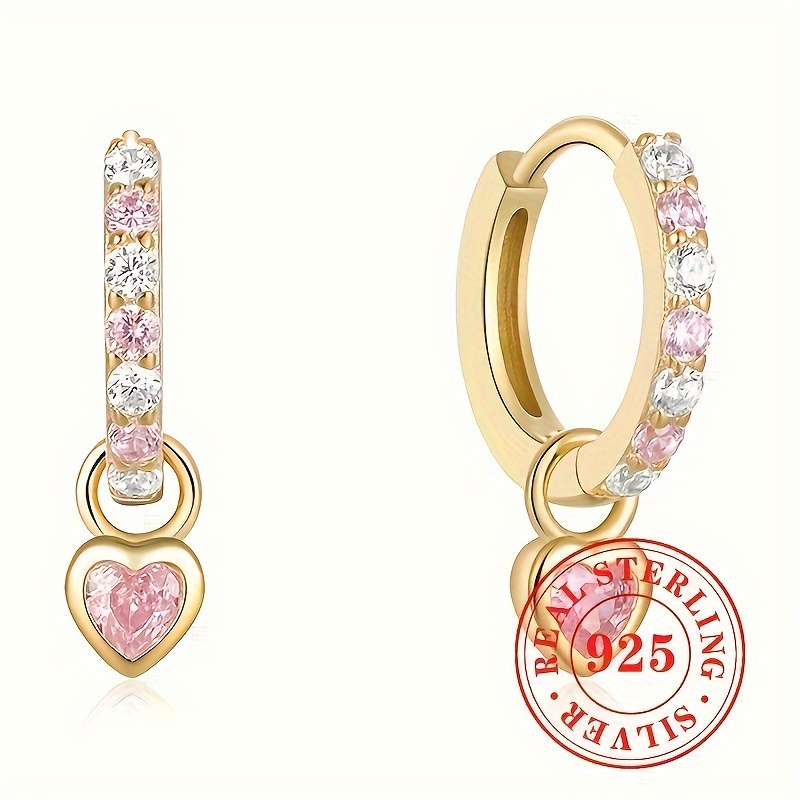 

Exquisite Heart Pendant Hoop Earrings 925 Sterling Silver Hypoallergenic Jewelry Multi Color Synthetic Gems Inlaid Elegant Sexy Style Female Gift