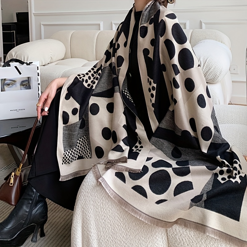 Women's Long White & Black Polka Dot Scarf - Winter Warm White Beige Grey Shawl Wrap, Soft Breathable Non-Elastic White Beige Grey Blowing-in-Wind-like-Effect (Casual & Dressy Outfits) - Versatile for Dresses, Jeans, Skirts