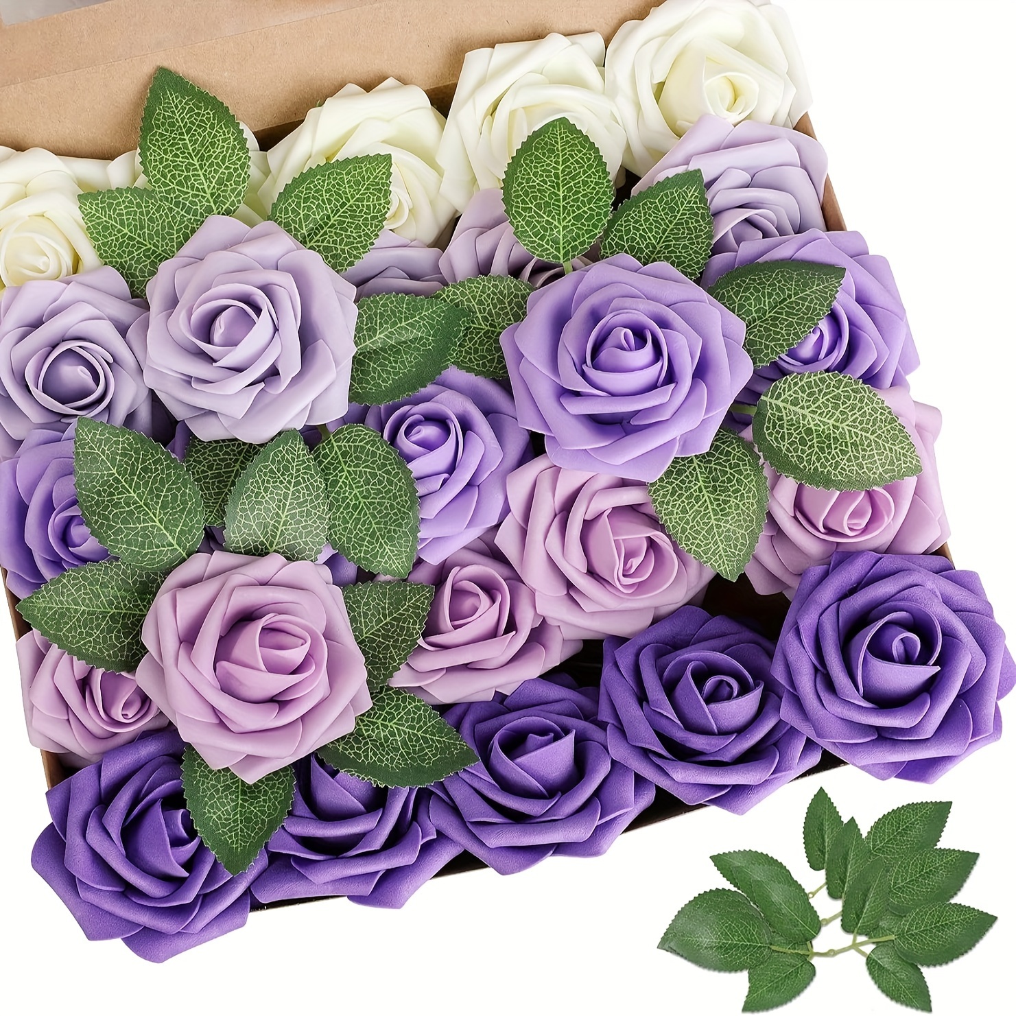 

25pcs Artificial Rose Flower, Gradient Purple Faux Rose Flower Perfect For Mother's Day, Valentine's Day, Hand Bouquet, Diy Wedding, Party, Home Decoration, And Green Plants