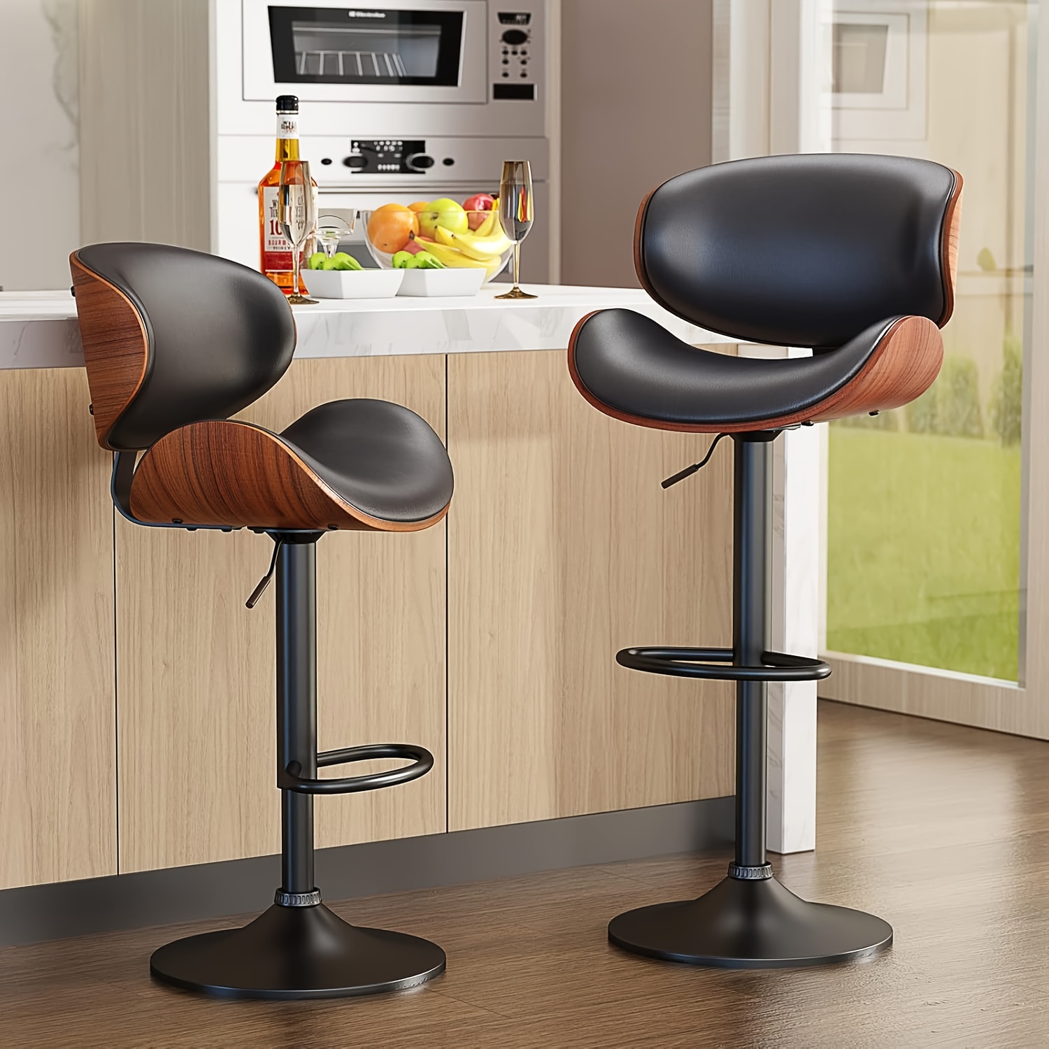 adjustable rotating bar stool set featuring pu leather cushioned seats ergonomic backrest footrest and sturdy base suitable for kitchen counters and dining areas Product details 0