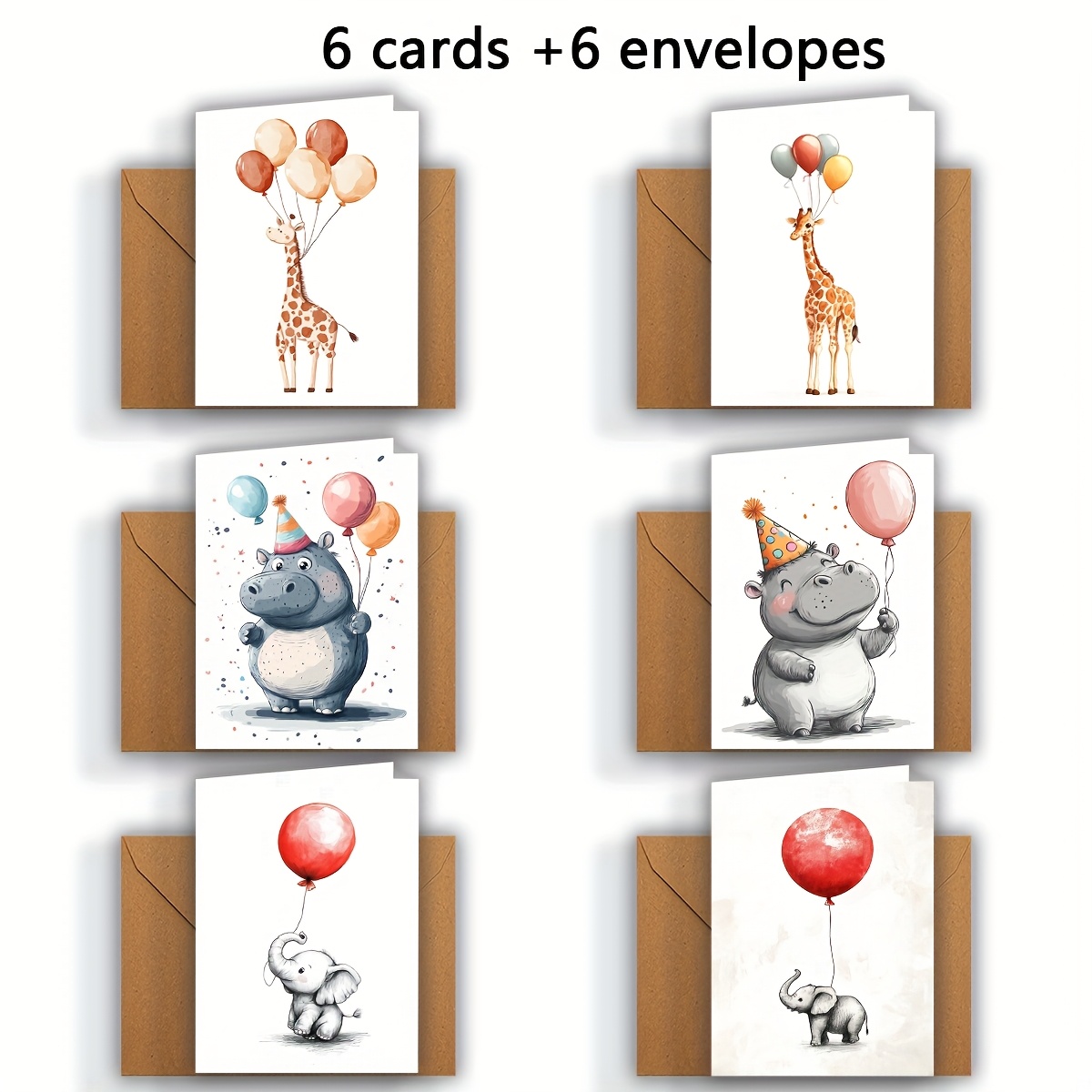 Image of 12pcs Of Painted Style Elephant, Giraffe, Series Birthday Cards With Envelopes. Birthday Cards, Cards, Greeting Cards And Message Cards For Family, , Colleagues And