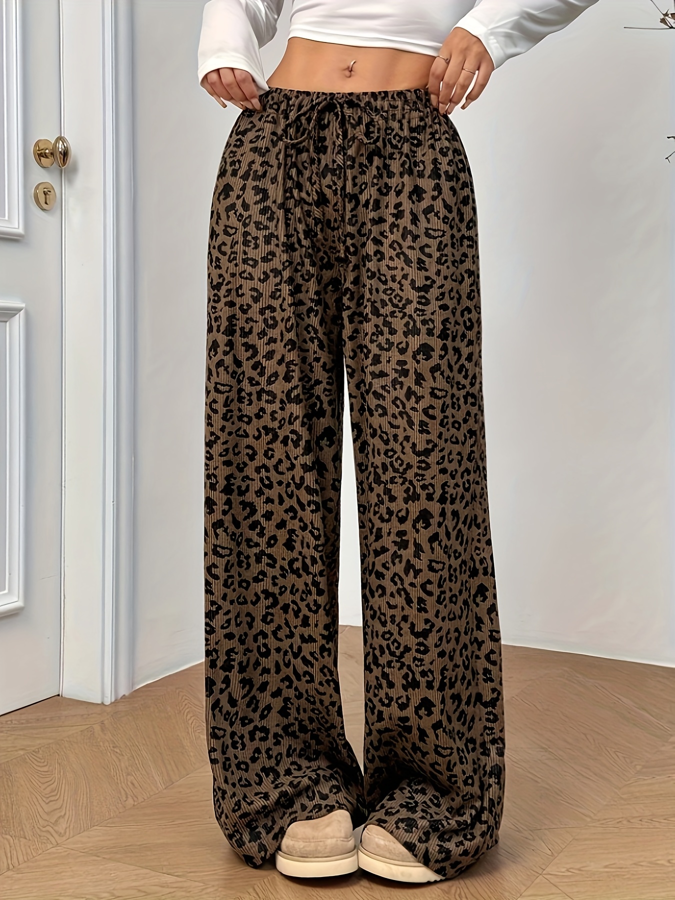 womens leopard print wide leg pants elastic waistband Temu Ireland